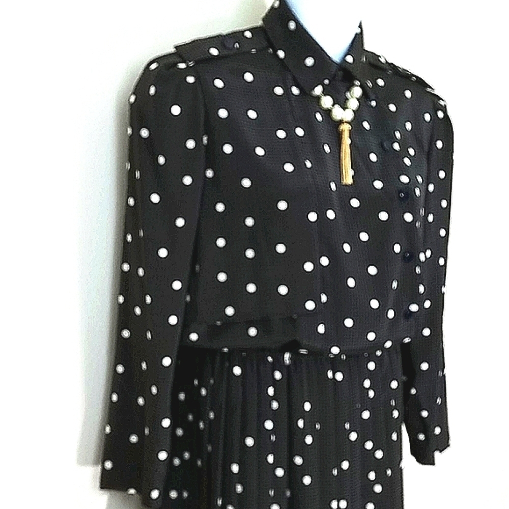Dress long sleeve houndstooth polka dot maxi Size 10 black brown white print - Picture 6 of 13